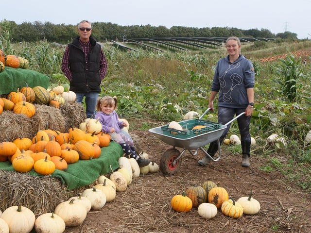 Mark, Amy and Poppy Houldsworth showcasing their pumpkins.