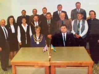 Sally Higgins Mansfield District Council chairman (1997/98)  and others during a ceremony marking the twining agreement with Styri and Mansfield
