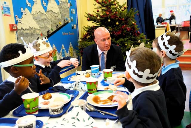 Andrew Wood, Managing Director of ESP Play (sponsors of L.E.A.D.'s Christmas meal) joined pupils at Sir Edmund Hillary Academy for the festive celebration