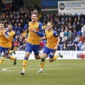Mansfield Town defender Riley Harbottle celebrates his first half goal during the Sky Bet League 2 match against Tranmere Rovers FC at Prenton Park, 18 Feb 2023
Photo credit : Chris Holloway / The Bigger Picture.media