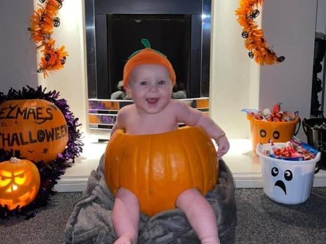Ezmae, then aged four months, celebrating her first Halloween.