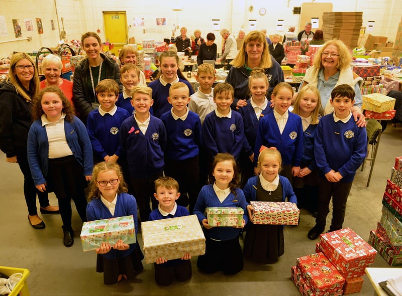 Pupils and staff from Westoe Crown Primary School with their shoe boxes in 2018.