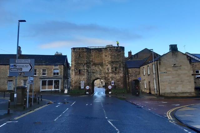 All quiet at the Hotspur Tower in Alnwick - except for the removal of Christmas decorations from the top.