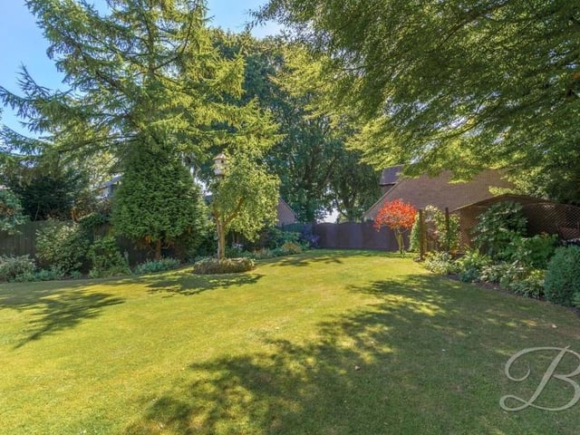 The garden, which offers proper privacy, features extensive lawns and surrounding mature shrubs and trees, including apple trees.