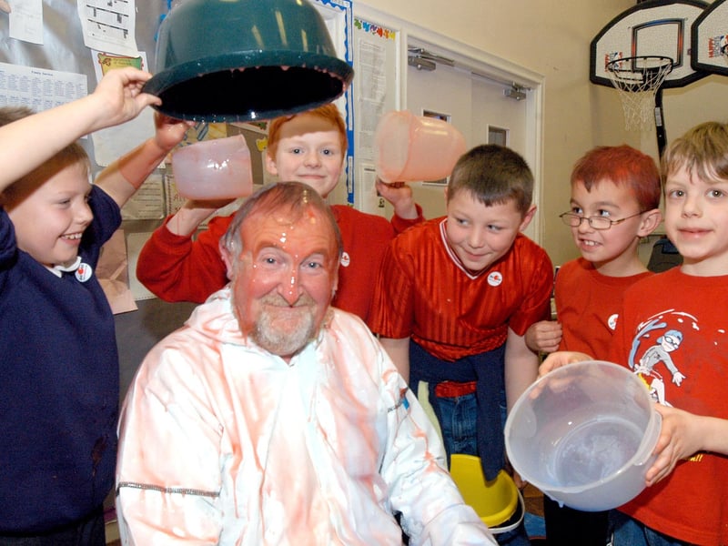 In 2007, pupils at Leamington Primary School in Sutton took great delight in gunging their head teacher, Paul Aspinal, to raise money for Red Nose Day. From the left are Cory Grainger-Sharley, Jaques Issartel, Luke Jepsom, Ben Prior, and Louis Freeman.