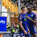 Mansfield Town forward Davis Keillor-Dunn celebrates with Lucas Akins during Saturday's big win at Bradford City. Photo by Chris & Jeanette Holloway/The Bigger Picture.media