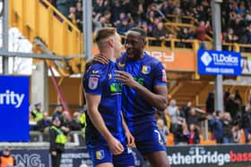 Mansfield Town forward Davis Keillor-Dunn celebrates with Lucas Akins during Saturday's big win at Bradford City. Photo by Chris & Jeanette Holloway/The Bigger Picture.media