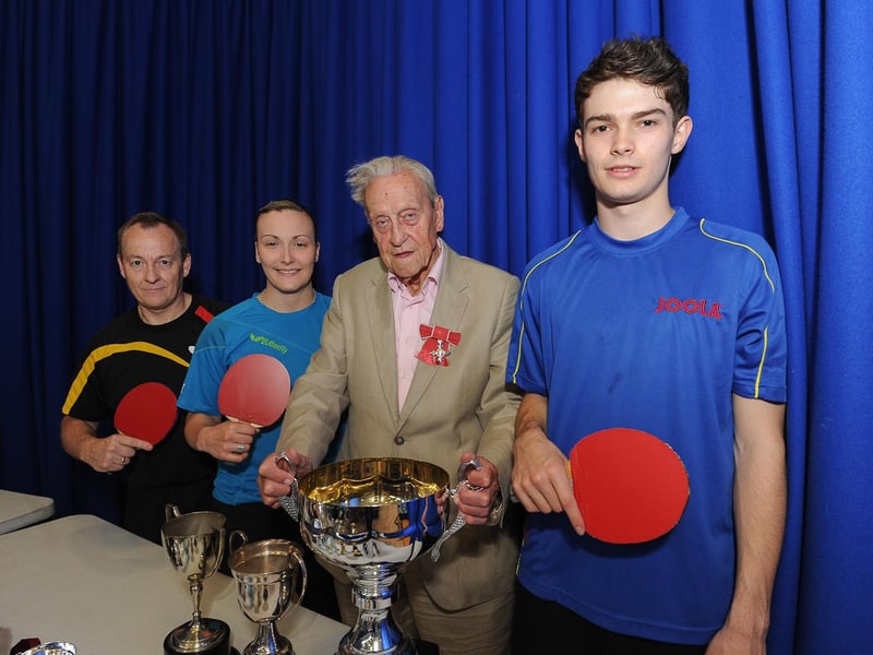 Mansfield Table Tennis League's annual presentation night in 2013. l-r Alan Cook Head Coach, Kelly Sibley 25, Bill Davison Chairman, Sam Walker 18.
