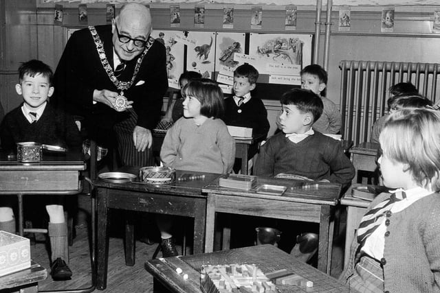 Lord Provost Duncan Weatherstone visits his former primary school in Bruntsfield in January 1964.