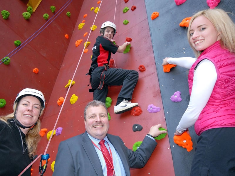 Back in 2011, the school climbing wall at the Samworth Church Academy was officially opened by Bonita Norris with Principal Michael Griffiths, P.E. teacher Morag Rogers who was the lead teacher for outdoor education and then Year 11 pupil Michael Hawkins who tried out the new facility.