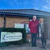 Councillor Keith Melton and Councillor Emma Oldham outside the Rumbles Cafe at Vicar Water Country Park.
