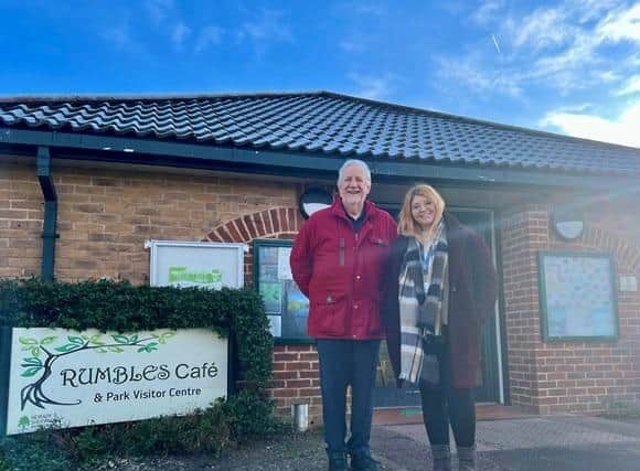 Councillor Keith Melton and Councillor Emma Oldham outside the Rumbles Cafe at Vicar Water Country Park.