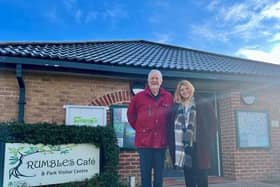 Councillor Keith Melton and Councillor Emma Oldham outside the Rumbles Cafe at Vicar Water Country Park.