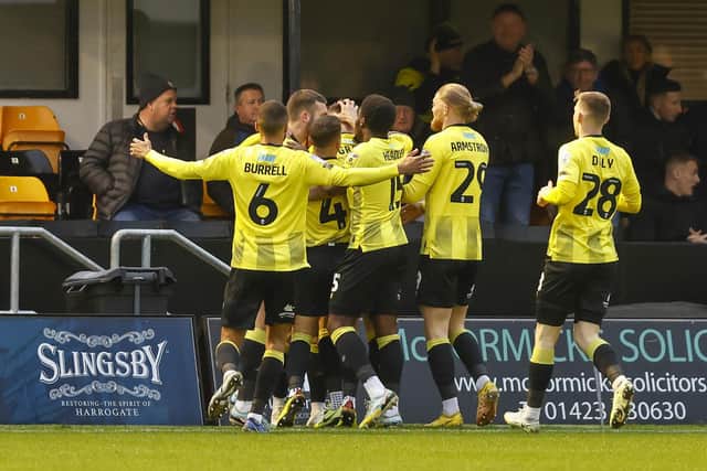 Harrogate Town celebrate their opener against Stags. Photo by Chris Holloway / The Bigger Picture.media