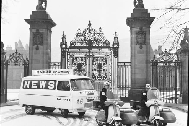 The new Scotsman delivery van and scooters in the snow outside the gates of Holyrood Palace in December 1965.