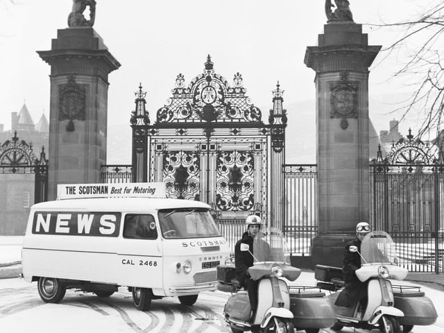 The new Scotsman delivery van and scooters in the snow outside the gates of Holyrood Palace in December 1965.