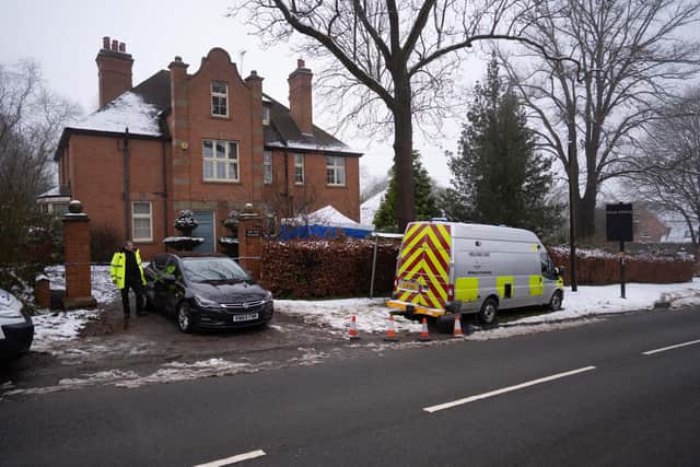Police and forensics at the home of Graeme Perks stabbed in his home in Halam, Nottinghamshire. (Photo: SWNS).