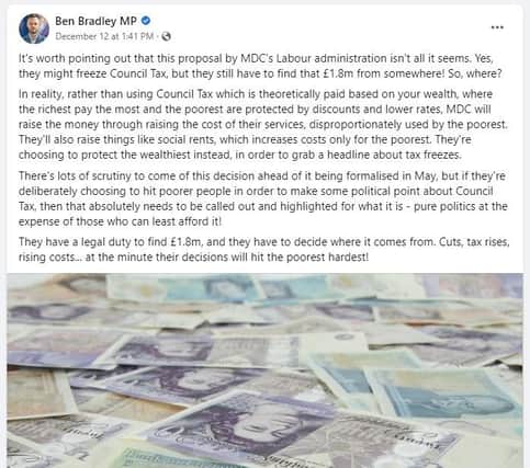 Coun Ben Bradley's post, which has been called 'misleading'.