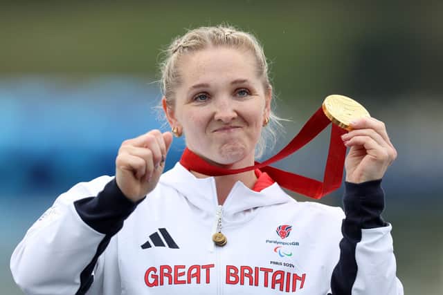 PARIS, FRANCE - SEPTEMBER 07: Gold medalist, Charlotte Henshaw of Team Great Britain, poses for a photo during the medal ceremony for the Women's Va'a Single 200m VL3 Final A on day ten of the Paris 2024 Summer Paralympic Games at Vaires-Sur-Marne Nautical Stadium on September 07, 2024 in Paris, France. (Photo by Steph Chambers/Getty Images)