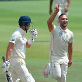 Dane Paterson celebrates after the dismissal of Joe Denly (L) during the fourth Test against in January. (Photo by Christiaan Kotze / AFP) (Photo by CHRISTIAAN KOTZE/AFP via Getty Images)
