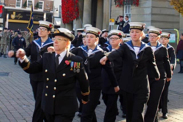 Remembrance Day  parade in front of Mansfield's Old Town Hall
