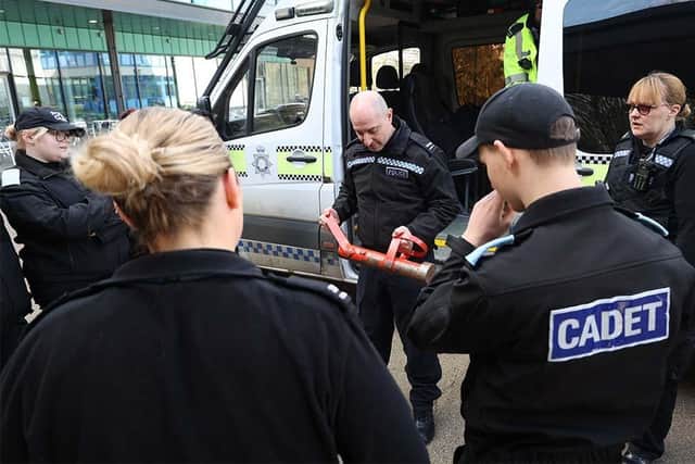 A demonstration by two officers from the neighbourhood policing team and an officer from the schools and early intervention team showcased the wide range of riot shields, helmets and door rams used by police to execute warrants.