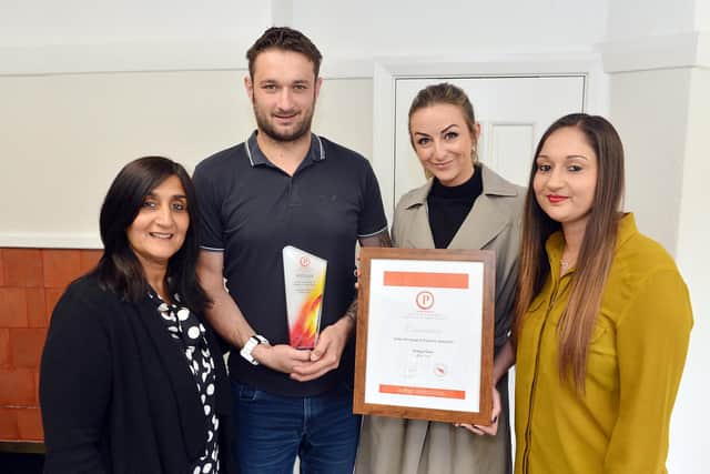Staton Mortgages staff members, from left,  Dilj Lane, directors Mike Staton and Clare Sheffield, and Nikita Lane celebrate their award success.