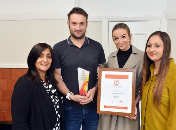Staton Mortgages staff members, from left,  Dilj Lane, directors Mike Staton and Clare Sheffield, and Nikita Lane celebrate their award success.