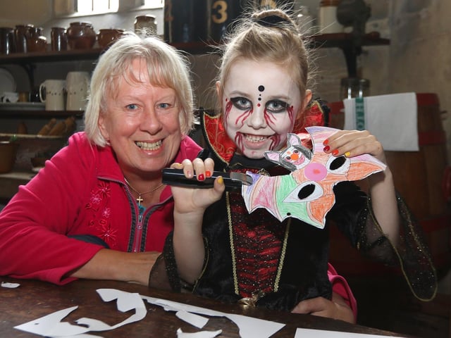 Newstead Abbey Halloween activities, mask making, Scarlet Spate with Grandma Carol Foster