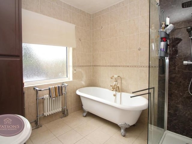 A claw-foot, free-standing bath is the highlight of the family bathroom at the £750,000 Kimberley property.. There is also a shower cubicle, a pedestal sink unit, WC, chrome, heated towel-rail and cupboard housing a combination boiler.