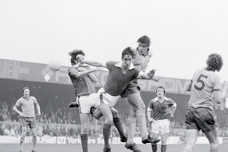 Ernie Moss goes up for a header against Walsall in 1978. Ernie won promotion with Mansfield in the 1976–77 season. After playing for Stags in their first ever season in the Second Division, he returned to the third tier with Chesterfield in January 1979.
