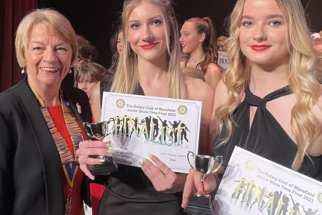 Scarlett Williams and Connie Brown, both aged 17 from Ashfield School, secured third place with a vocal duet. Here they are pictured with Mansfield Rotary president, Karen Johnson.