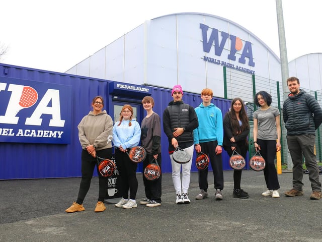Students and staff with WPA's resident padel coach Hugo Da Silva (4th left)