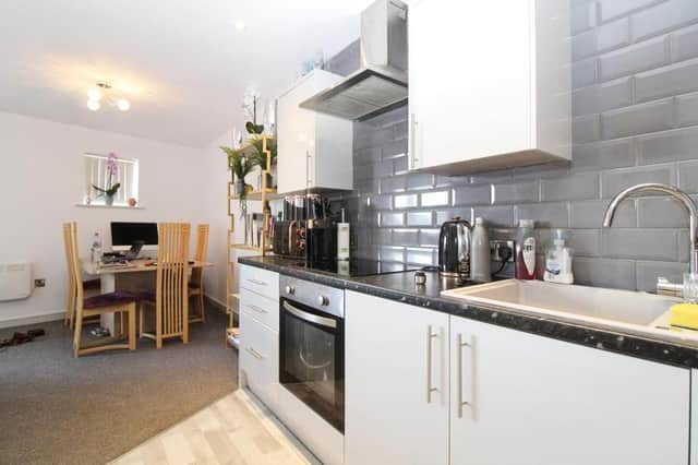 The attractive, open-plan interior of the apartment at Stockwell Gate in Mansfield. Offers of more than £80,000 are being invited by estate agents Purplebricks.
