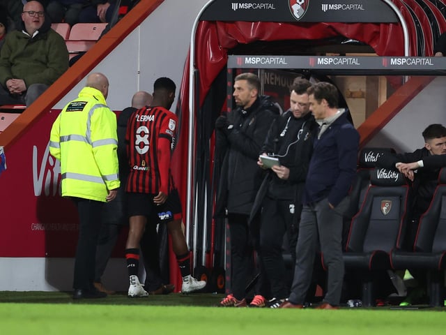 Jefferson Lerma of AFC Bournemouth leaves the pitch after receiving a red card against Birmingham City.