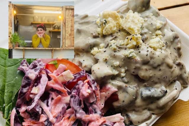 Top left - Katy Brown of Allotment Box. One of the popular toppings is creamy garlic mushrooms and slaw.