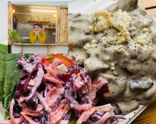 Top left - Katy Brown of Allotment Box. One of the popular toppings is creamy garlic mushrooms and slaw.