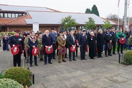 Remembrance Day parade and service outside Mansfield Civic Centre.