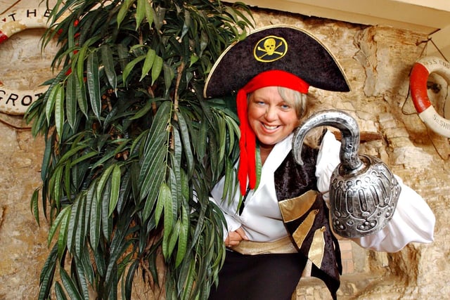 Linda McDonough, fundraising manager of Marie Curie Cancer Care, dresses as a pirate to launch their fund raising day on International Talk Like A Pirate Day in 2005.