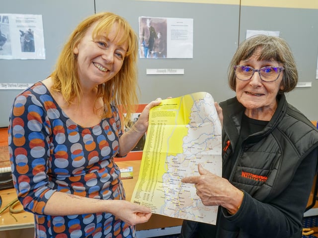 Fundraising launch for the Shining A Light mining sculpture in Mansfield. Rachel Carter, sculptor and Ann Donlan from the Shining A Light Mining Statue Working Group.