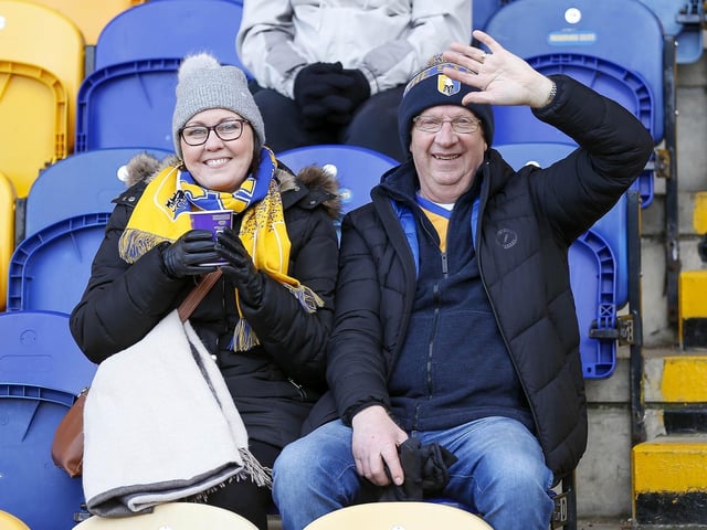 Stags fans watch the Sky Bet League 2 match against Crewe Alexandra at the One Call Stadium.