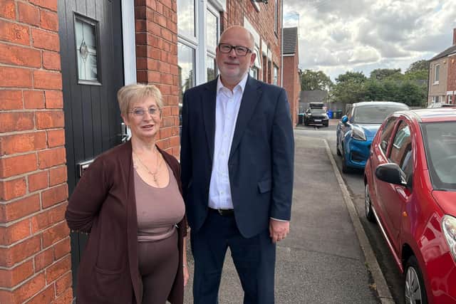 Resident Pamela Gibson shared her concerns about HMOs on Pheasant Hill and Charles Street with Steve Yemm. Photo: Submitted