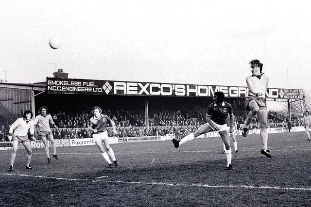 Terry Eccles wins a header during a game against Wrexham in 1975.