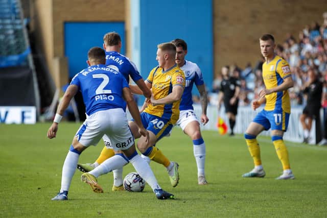 Stags action during the Sky Bet League 2 match against Gillingham FC at the MEMS Priestfield Stadium, 30 Sept 2023. 
Photo Chris & Jeanette Holloway / The Bigger Picture.media