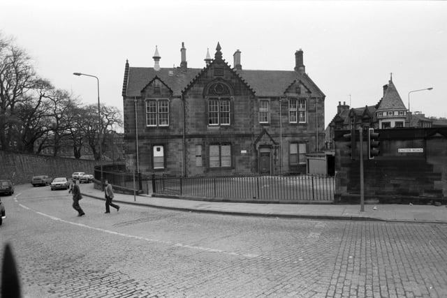 Windows are boarded up after the Regent Road Institute in Edinburgh was vandalised, February 1982.