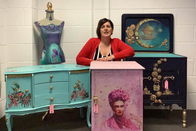 Jen Chadbourne, the Furniture Paint Queen, with some of her pieces.