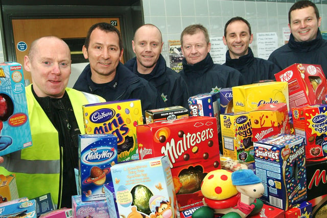 Some of the Mansfield Fire Station crew pictured with some of the hundreds of Easter eggs which were collected in 2008 when bike enthusiasts descended on the Rosemary Street station. From left, are event organiser Dave Storey, Mick Topping greenwatch manager and retained firemen Robert Wilson, Paul Holmes, Kev Mudd and Ian Garratt