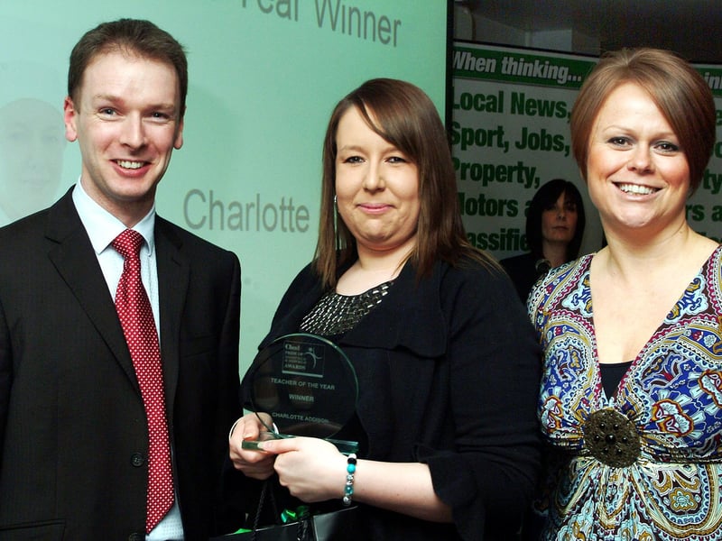 Teacher of the Year award for Charlotte Addison, centre with Specsavers' directors Imogen Hoyle and Patrick Hegarty who sponsored the event.