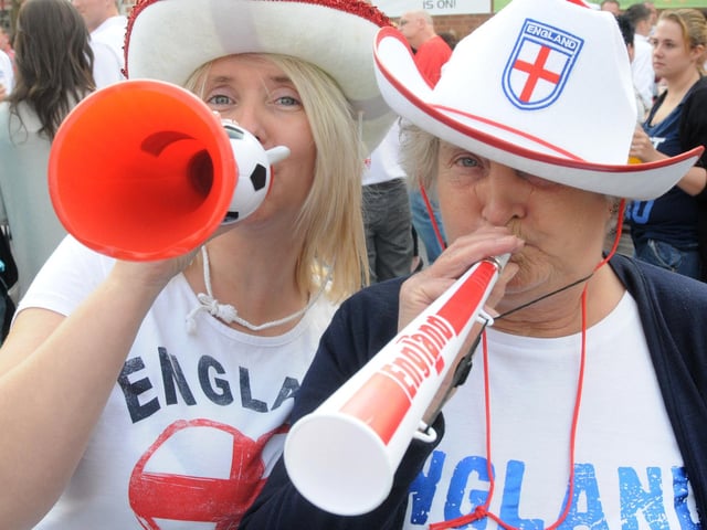 Eileen Tonks and Valerie Wood get set to watch the big game at The Swan.