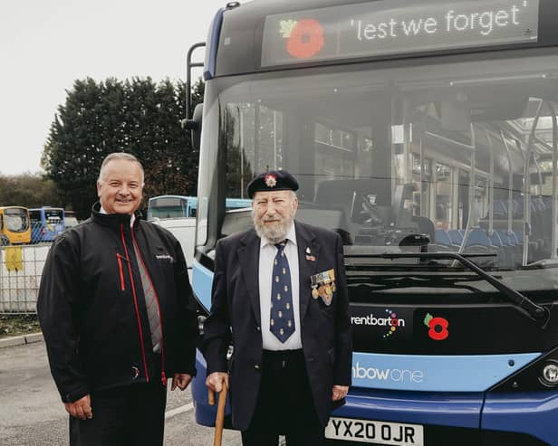 Trentbarton driver Eric Clarke (left) with Brian Brown from the Royal British Legion.